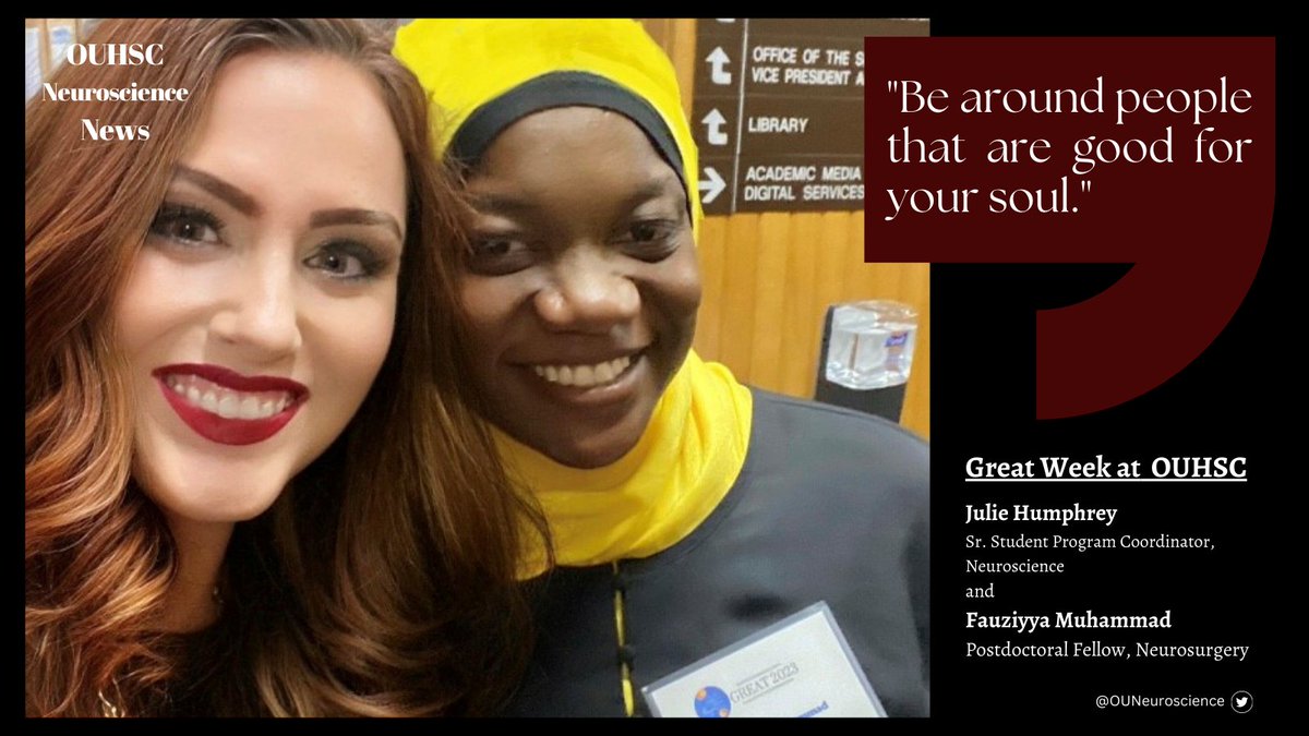 JulieMHumphrey's tweet photo. GREAT WEEK at OUHSC! Fauziyya Muhammad gave an engaging oral presentation today. So very proud of her and all her accomplishments! @ouneuroscience @FauziyyaMuham18 @zacharyasmithmd #Neurosurgery #presentation #neurotwitter #academics #postdoc #gradcollege https://t.co/YiIUoSt2wh