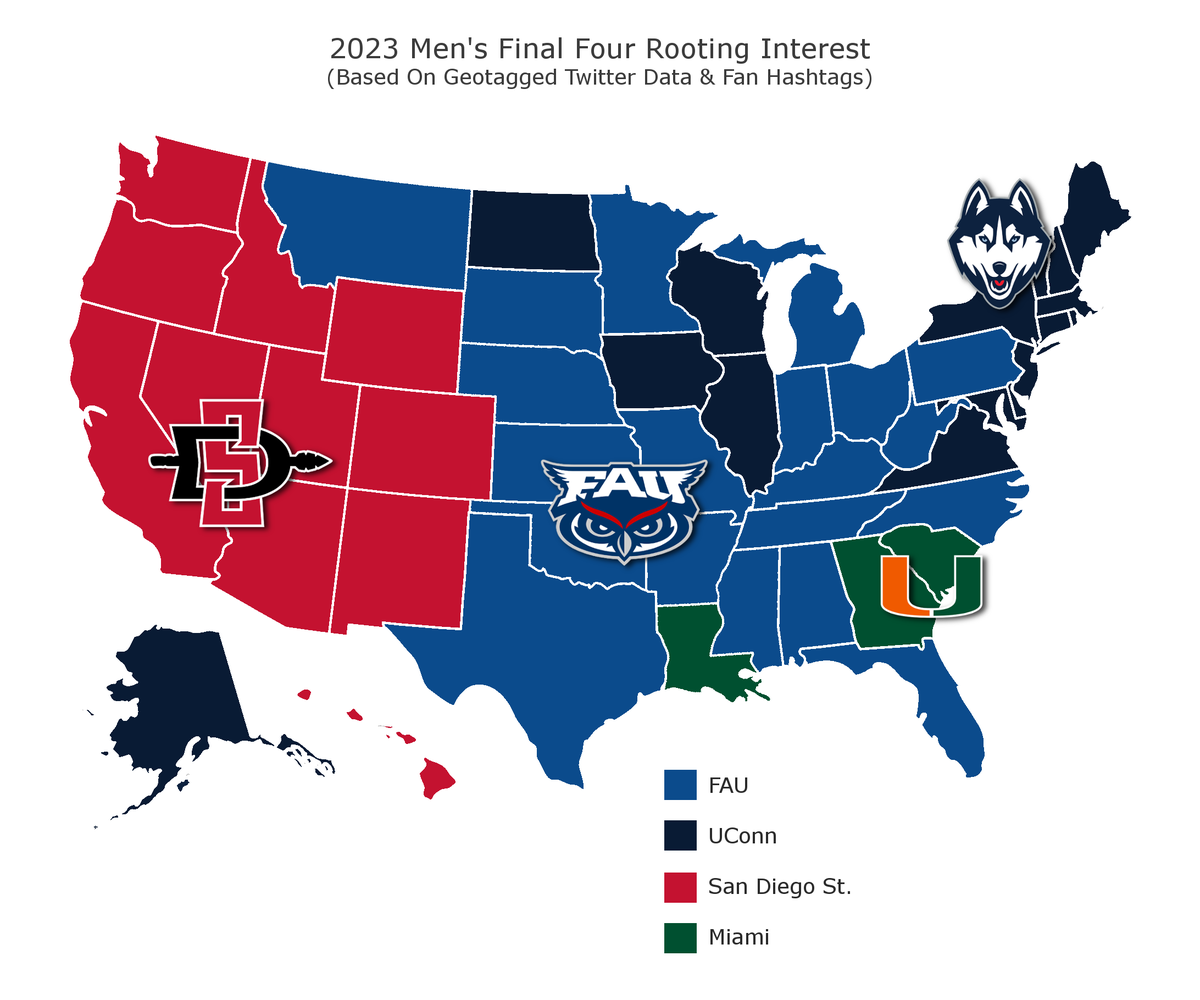 theScore's tweet photo. Twitter map shows FAU has the most fan support across U.S. in Final Four. 👀 https://t.co/ZndoFExMNw https://t.co/4SYlFztiCI