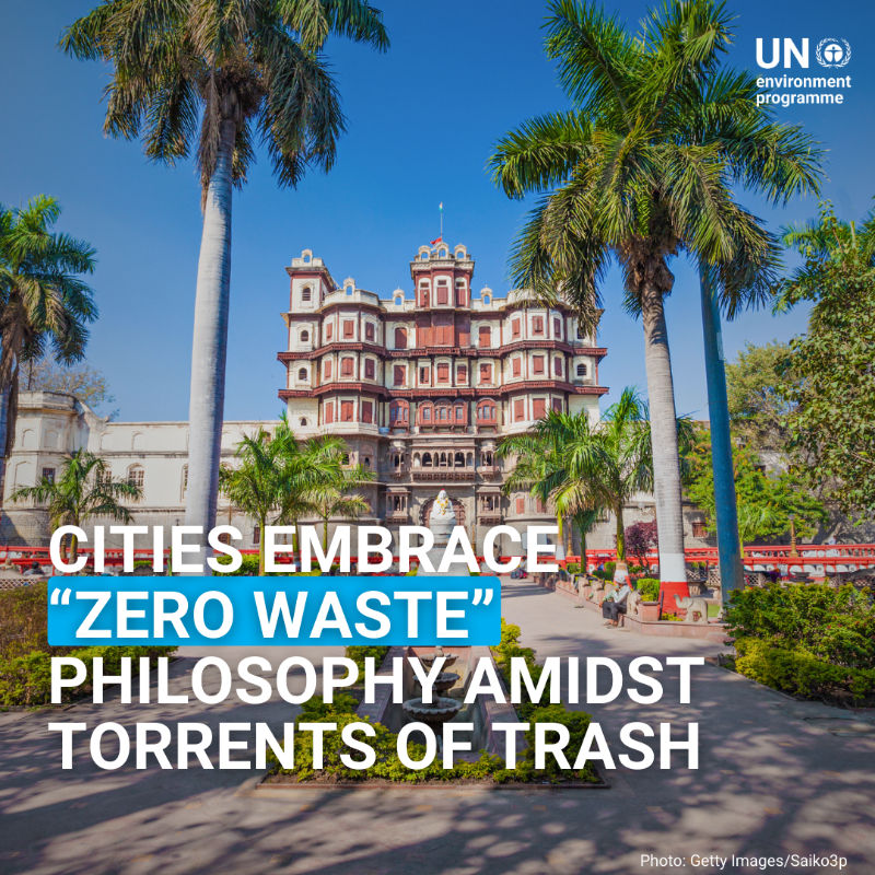 UNEP's tweet photo. Every year, the world generates more than 2 billion tonnes of municipal waste.

From Indore of India to Santiago, Chile, cities are exploring new ways to tame this tide of plastics, electronics &amp; construction debris to #BeatWastePollution.

#ZeroWasteDay