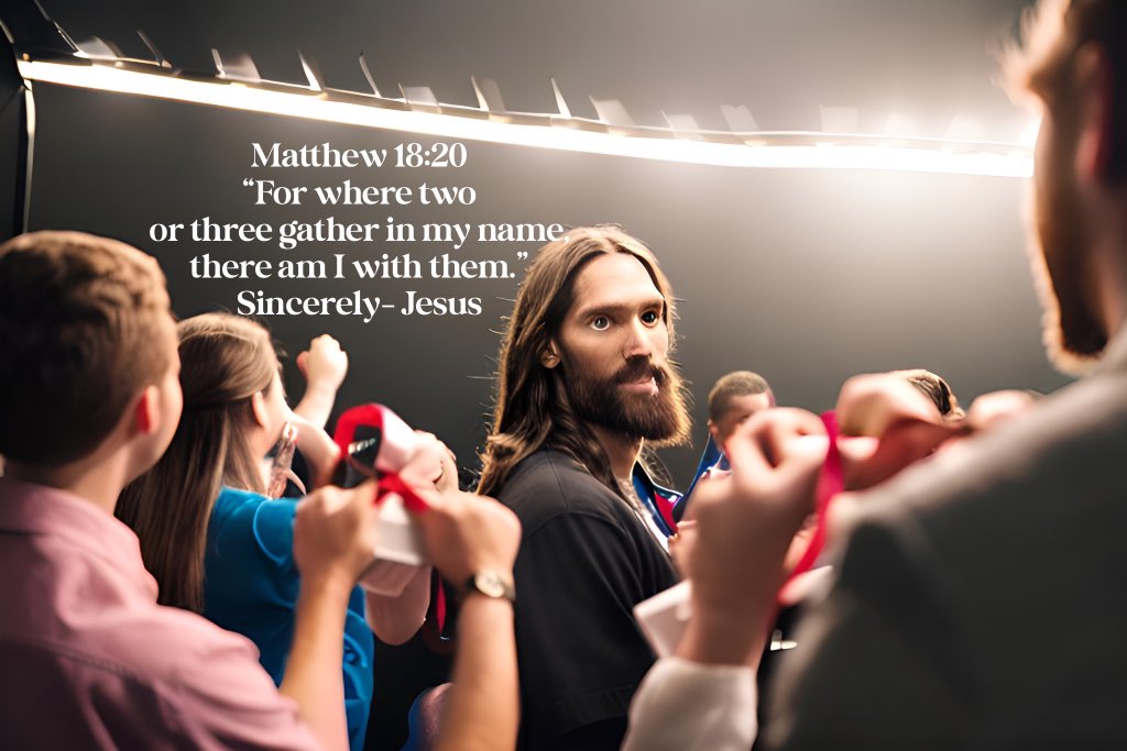 realdavidhunter's tweet photo. Matthew 18:20 says 'For where two or three gather in my name, there am I with them.' 🙏❤️ Jesus is always with you, no matter what you're going through. Trust in His presence and find comfort in His love. Can I get an amen? #JesusIsWithUs #FaithOverFear #GodsLove #NeverAlone https://t.co/dEGCjz6Hyn