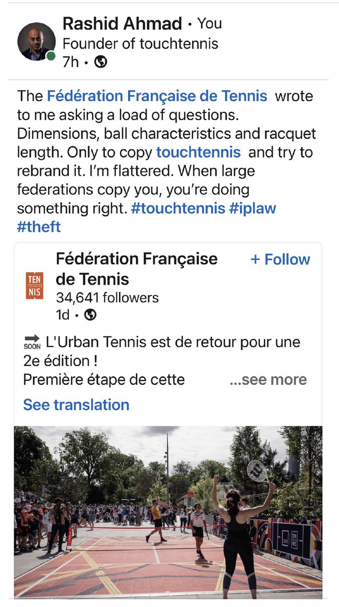 touchtennis's tweet photo. To write to me about #touchtennis and then copy it and rebrand it is bullying at worst by a big federation and poor form at best. Maybe they’d rather steal small sports rights than licence them. @FFTennis please #RT and help a small sport get justice. https://t.co/612NowgwpI