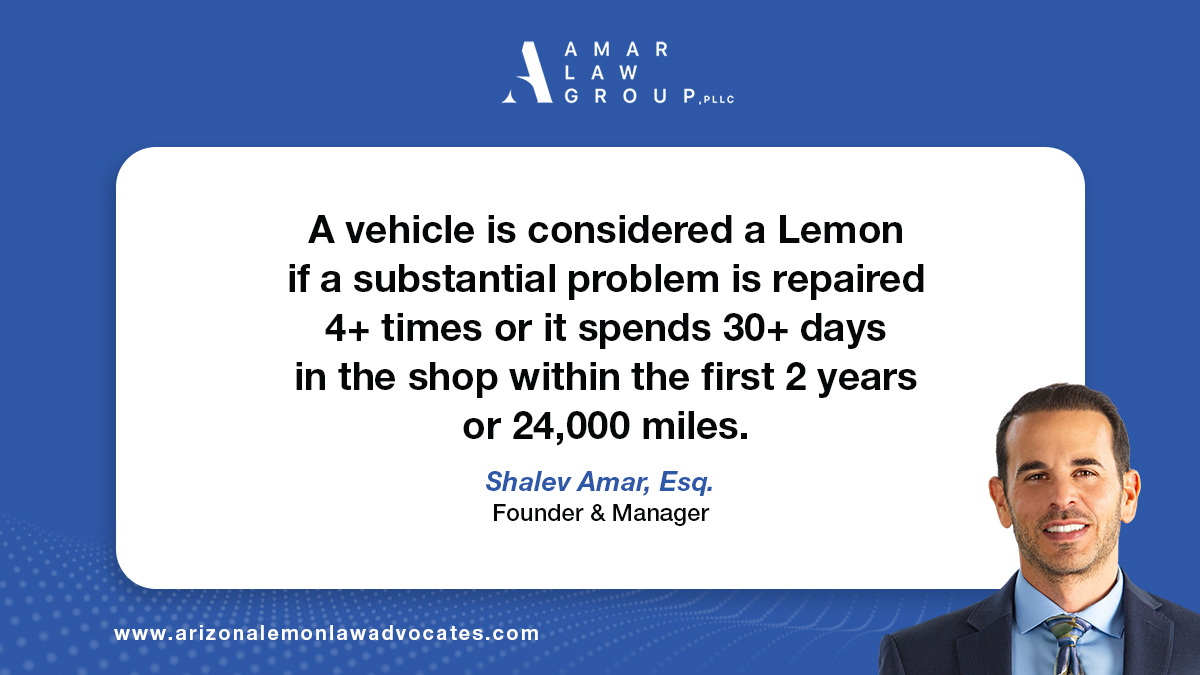 amarlawgroup's tweet photo. If your vehicle has the same substantial problem repaired 4 or more times per warranty or is in the shop for 30 or more days during the first two years or 24,000 miles, it is presumed to be Lemon. 

For more #ArizonaLemonLaw information visit
https://t.co/GXAIo7oAPg https://t.co/8kqDgrVkqj