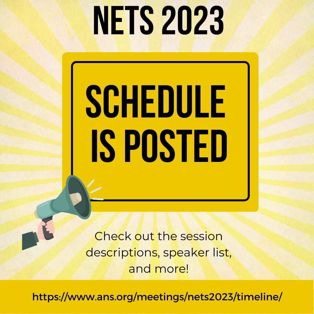 ANS_org's tweet photo. The #Nuclear and Emerging Technologies for Space (NETS 2023) schedule is posted!
Use the link below to find descriptions of each session, speakers, and other awesome events!
Schedule: https://t.co/Vky9svX62K
#NETS2023 https://t.co/Z2QAh9Rhlf
