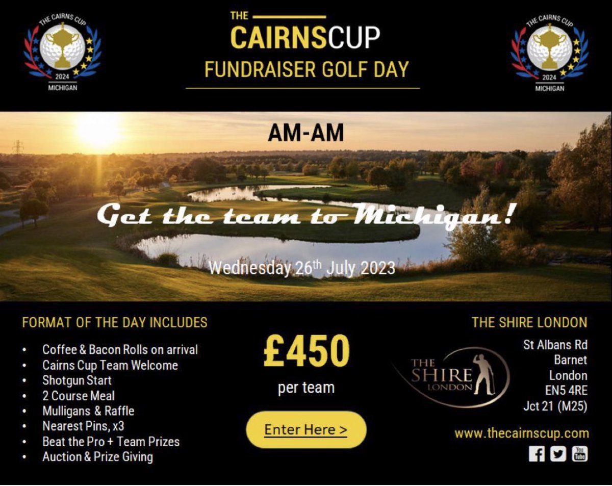 I am hosting a Cairns cup 2024 fundraiser golf day at the Shire London on the 26th July. It’s open to all level of golfing teams and promises to be a great day helping a great cause. Please share and if interested reply below or DM me and I will send out the joining link email
