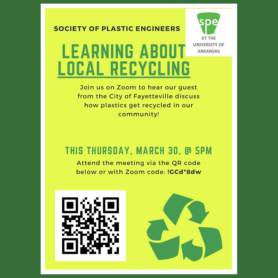 Join the Society of Plastic Engineers tomorrow, March 30th, for a Zoom meeting with the City of Fayetteville to learn how plastics are recycled in our community!
The meeting starts at 5:00pm.
#cheguark #uarkengineering #chemicalengineering #spe