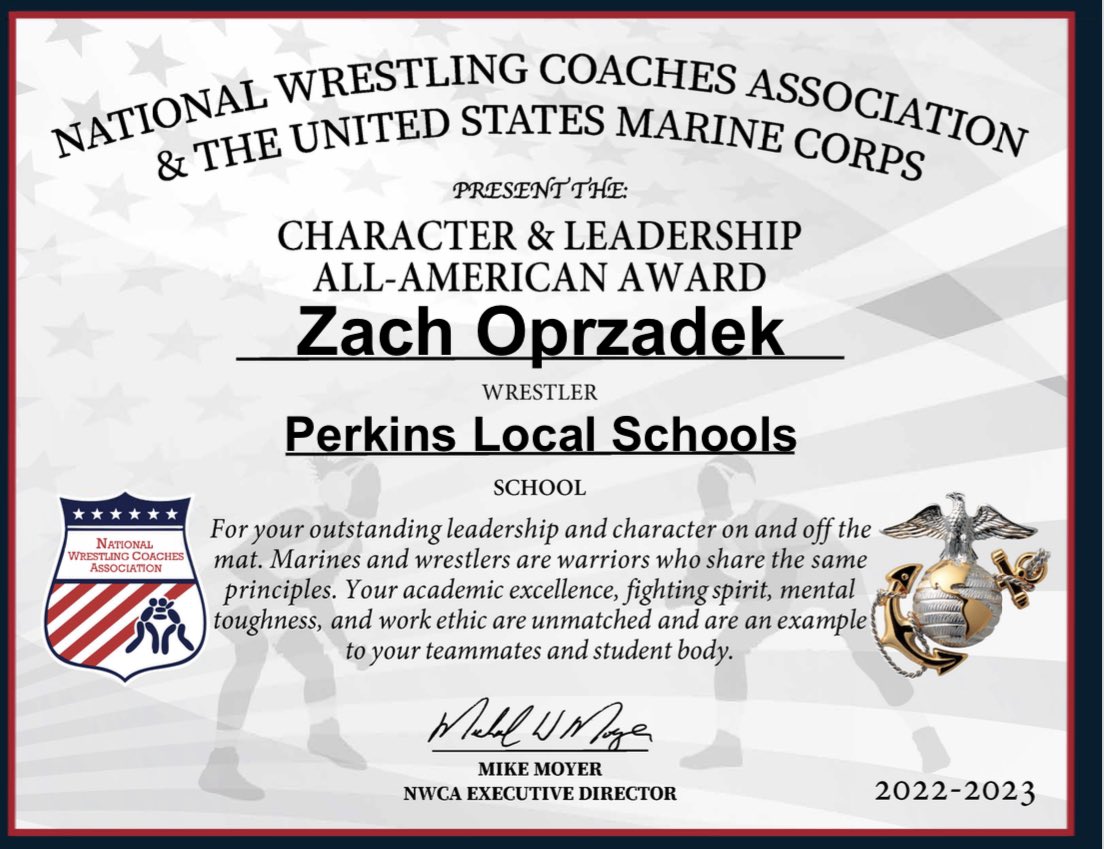 Zach Oprzadek receives the USMC/NWCA Character &amp; Leadership 
All-American Award. <a href="/PerkinsATH/">Perkins High School Athletics</a> <a href="/PerkinsHigh/">Perkins High School</a> <a href="/WeArePerkins/">We Are Perkins</a> <a href="/Zach45184243/">Zach Oprzadek</a>