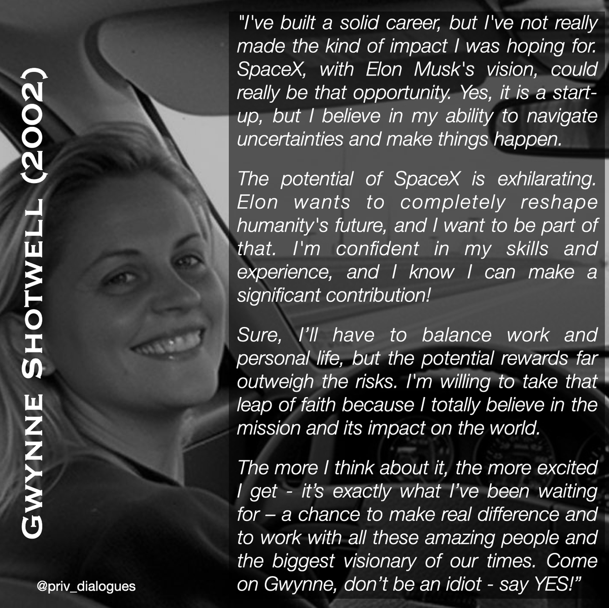 In 2002, @Gwynne_Shotwell  took a leap of faith, joining @SpaceX & working with @elonmusk on their mission to revolutionize space exploration. The rest is history! 🚀 #SpaceX #GwynneShotwell #MarsBound #SpaceInnovation #PrivateDialogues