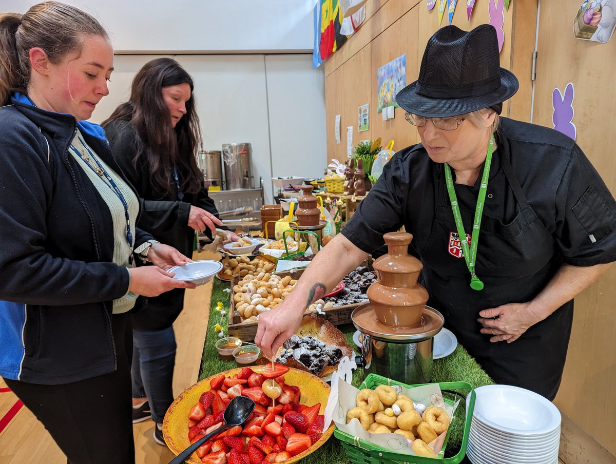 Easter Lunch treats. The pupils enjoyed a fun filled day which included chocolate fountains with mini doughnuts, Chocolate Quinoa egg baskets and Cadbury Mini Egg brownies with strawberries and banana. Thank you to our Catering Supervisor, Lynda Gulliver for the awesome idea!