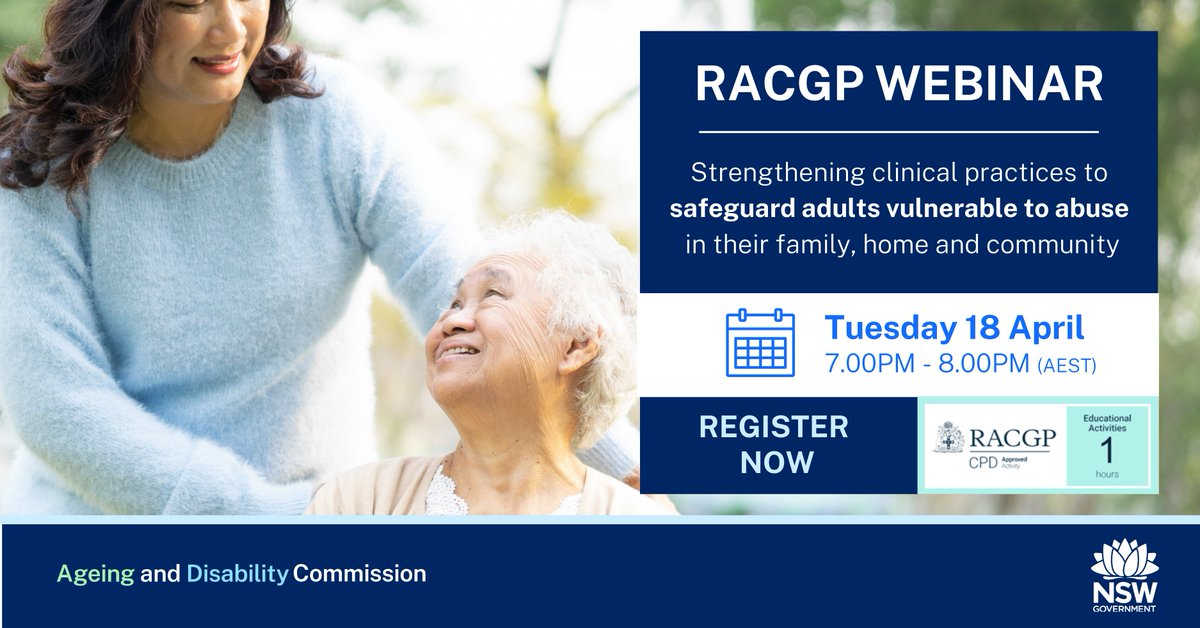 👨‍⚕️GP's: Upcoming @RACGP webinar for members and non-members where our experts will provide invaluable insights for GPs about #safeguarding  adults vulnerable to abuse. Register for FREE: racgp.org.au/racgp-digital-… 
#healthcare #elderabuse #disabilityabuse #RACGP