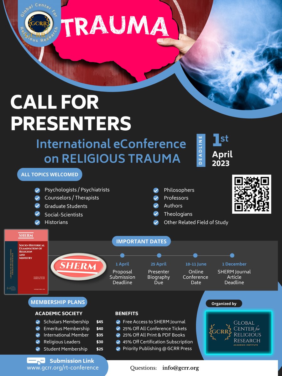 Religious Trauma eConference (Spring)
CALL FOR PRESENTERS!
Deadline: 1 April 2023
👇LEARN MORE👇
gcrr.org/rt-conference
#gcrr #religioustrauma #callforpapers #callforpresenters