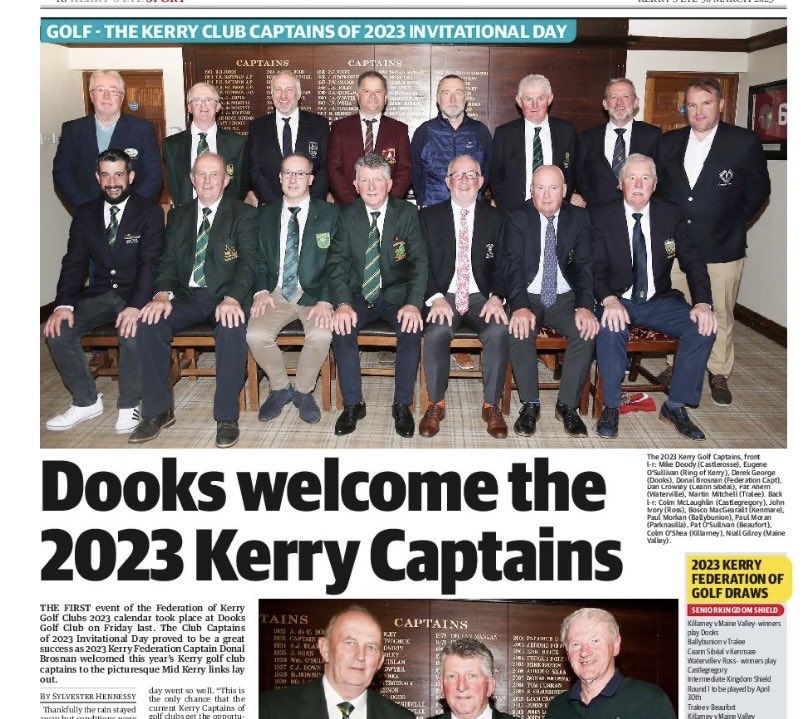 Slyone1069's tweet photo. In tomorrow’s ⁦@Kerrys_Eye⁩ sport we have coverage of the 2023 Kerry Golf Captains visiting ⁦@dooksgolfclub⁩ for the opening event of the ⁦@FederationKerry⁩ golf calendar https://t.co/NndSJfIZXE