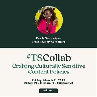 SpectrumLabsAI's tweet photo. Culturally sensitive content policies are essential for fostering inclusivity and respect on digital platforms. Join us for our #TSCollab THIS FRIDAY, March 31!
As a reminder, #TSCollabs are for #TSCollective members only. Register here to join us: https://t.co/8gPZn3L7B6 https://t.co/2eXsh6M0a5