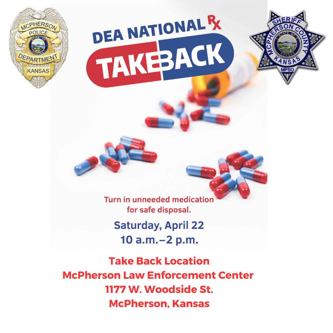 McPhersonPD's tweet photo. Dispose of your unused, expired, & unwanted prescription drugs, on Saturday, April 22, 2023, 10:00 am - 2:00 pm, at the LEC, 1177 W. Woodside St., McPherson, KS. The McPherson Police Department & Sheriff's Office will be accepting prescription drugs for disposal.
#RXTakeBack https://t.co/S2i2GitG1z