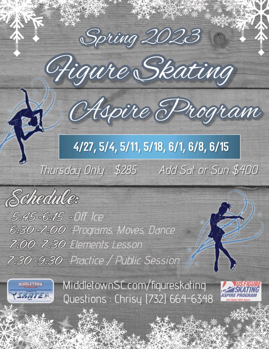Registrations for the Spring 2023 session for the figure skating Aspire program is now open. Classes begin April 27. For more information and to register, visit middletownsc.com/aspireprogram