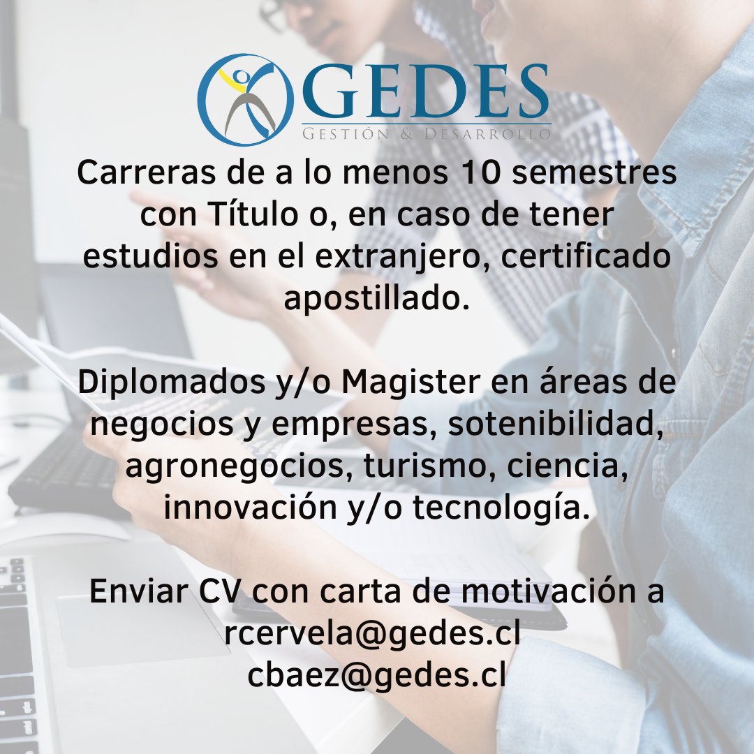 ¡Tenemos nueva sucursal en la región de O'higgins! 🥳y estamos buscando a los y las mejores profesionales de las áreas descritas en este post para que puedan unirse a nuestro equipo💪

¡Postula! Envía tu CV + carta motivacional a rcervela@gedes.cl y cbaez@gedes.cl