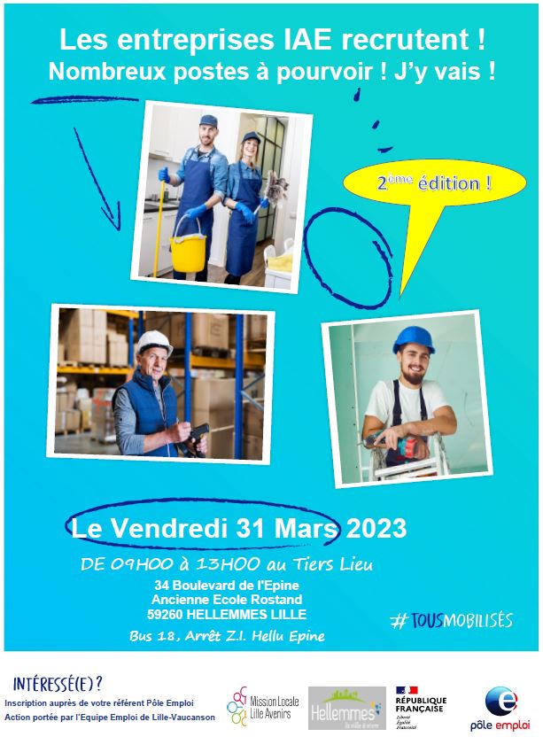 #TousMobiliséspourlemploi
🗓️Save the date: 2ème édition du Forum IAE au Tiers Lieu d'Hellemmes, avec 18 employeurs IAE présents et de belles opportunités de reprise d'emploi à saisir ! 
Préparez vos CV !
<a href="/thorel_karine/">Karine Thorel</a> @AutinGael <a href="/HennacheCaro/">Caroline Hennache</a>