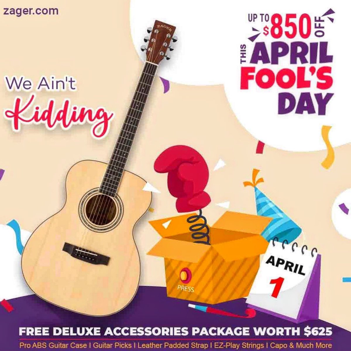 We're not joking around when it comes to quality guitars! 😜 Celebrate #AprilFoolsDay with #Zager Guitars and save up to $850 on our most popular models at ZagerGuitar.com FREE Accessories Pack with every purchase! #ZagerGuitar #Guitar #GuitarSale #Sale #AprilFools