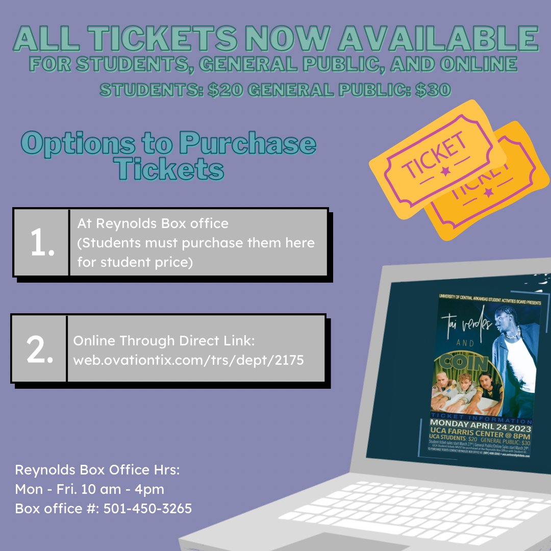 Tickets are now available for Students, General Public, and Online!! For students to receive student price they MUST get tickets from the box office. Student ID is also required!!
The concert will take place April 24th  at 8:00pm in the Farris Center. Secure your tickets now!!🤩