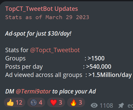 topct_tweetbot's tweet photo. I send LATEST tweets from top Crypto Twitter(CT) influencers 24/7 in every TG community, for FREE🥳

It's been 5months now since I went live and am now in over 1500+ groups! 

Visit my updates channel https://t.co/4zMDOvUQpo to view shoutouts from all the legends who love me❤️ https://t.co/z4qvNPbTNG