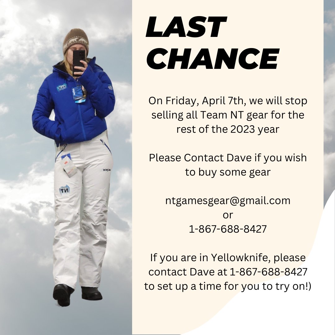On Friday, April 7th, we will stop selling all Team NT gear for the rest of the 2023 year

Please Contact Dave if you wish to buy some gear

ntgamesgear@gmail.com
or
1-867-688-8427