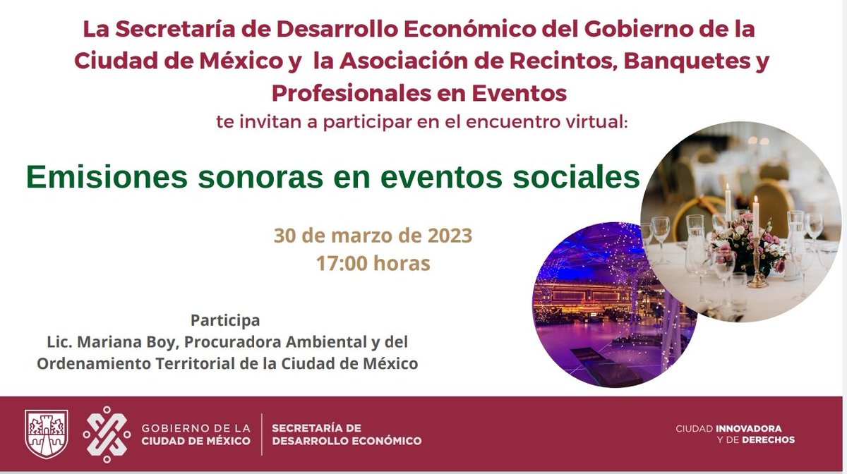 SedecoCDMX's tweet photo. #SEDECO y @RecintosY te invitan a participar en el curso: "Emisiones sonoras en eventos sociales"

Entérate de toda la normatividad al respecto, contaremos con la presencia de: @mariana_boy titular de @PAOTmx

Para poder asistir regístrate en: https://t.co/GlGj65FHMu https://t.co/lLCdNRa3ZY