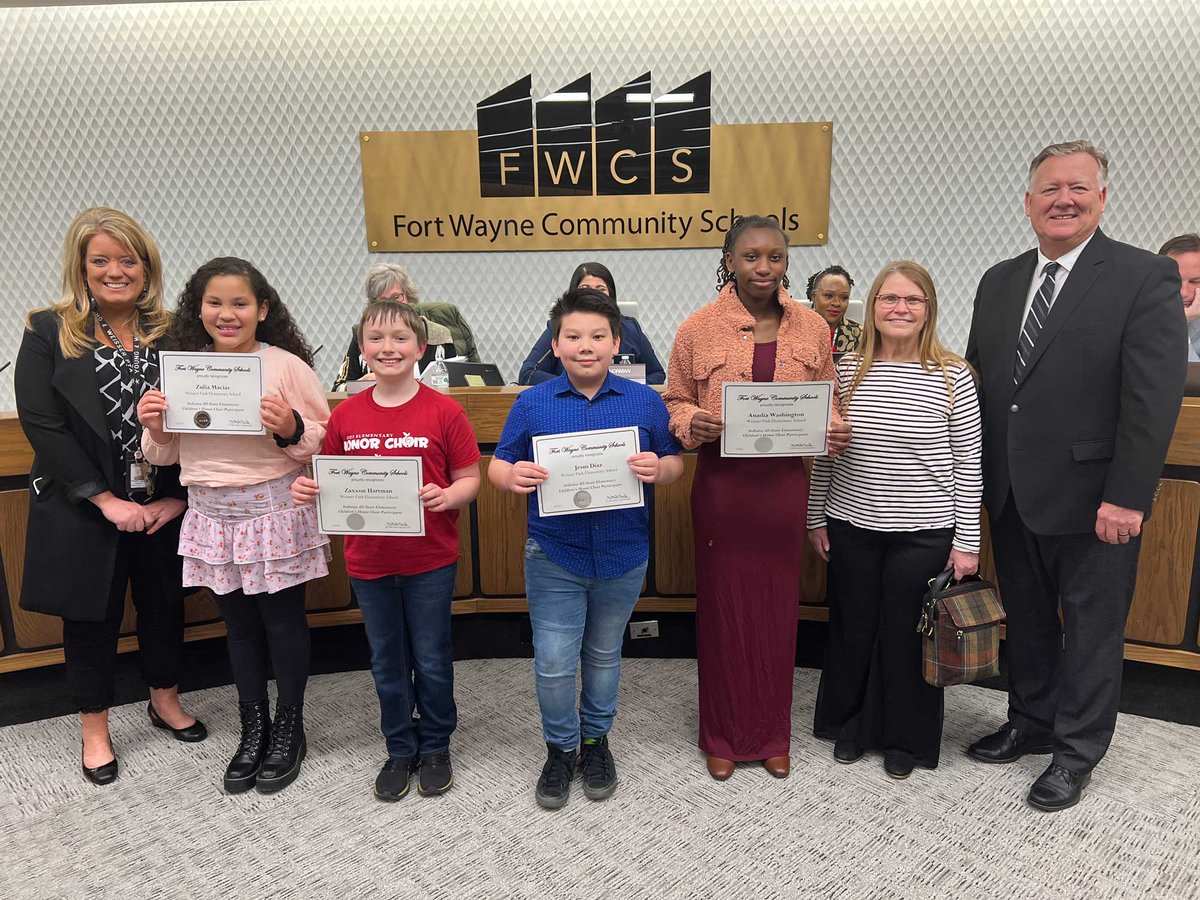 FWCommSchools's tweet photo. The board recognized the members of the 2023 Indiana All State Elementary Children's Honor Choir from our district. We had students from #Croninger and #WeisserPark Elementary Schools perform with the best student singers from across the state. πΌπ΅ #BoardRecognition #GreatJob https://t.co/eUhEUn82y6