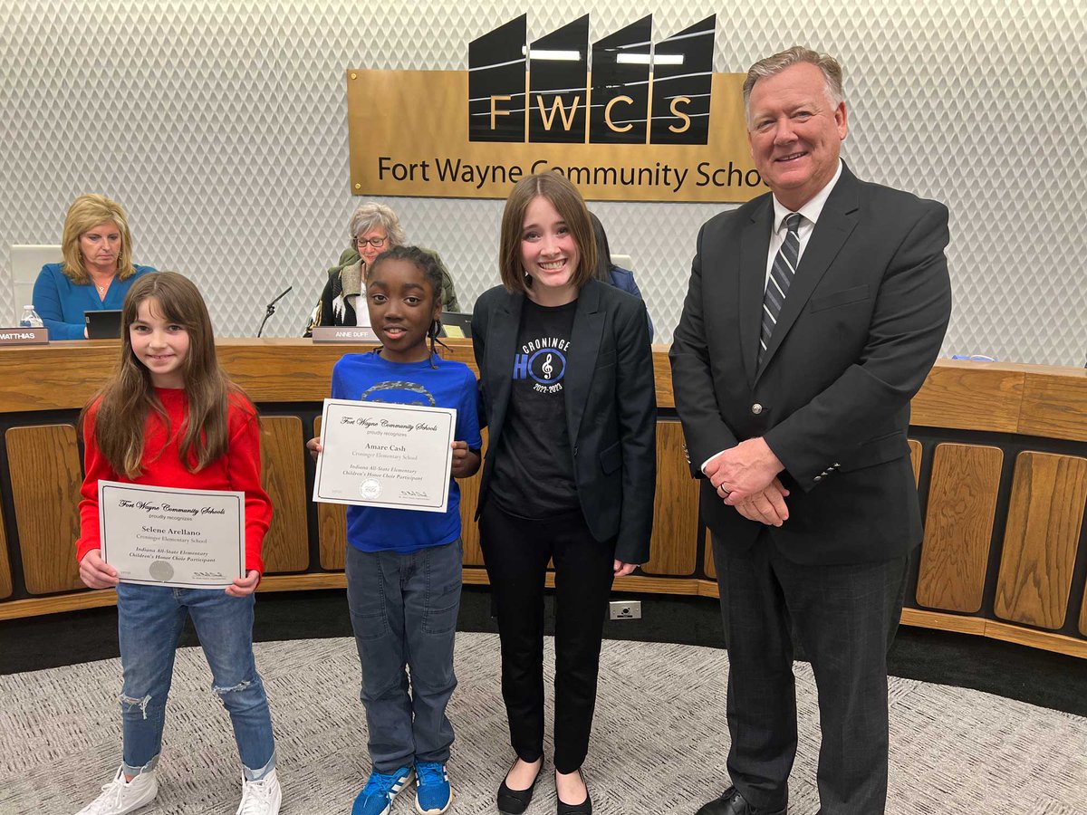 FWCommSchools's tweet photo. The board recognized the members of the 2023 Indiana All State Elementary Children's Honor Choir from our district. We had students from #Croninger and #WeisserPark Elementary Schools perform with the best student singers from across the state. πΌπ΅ #BoardRecognition #GreatJob https://t.co/eUhEUn82y6