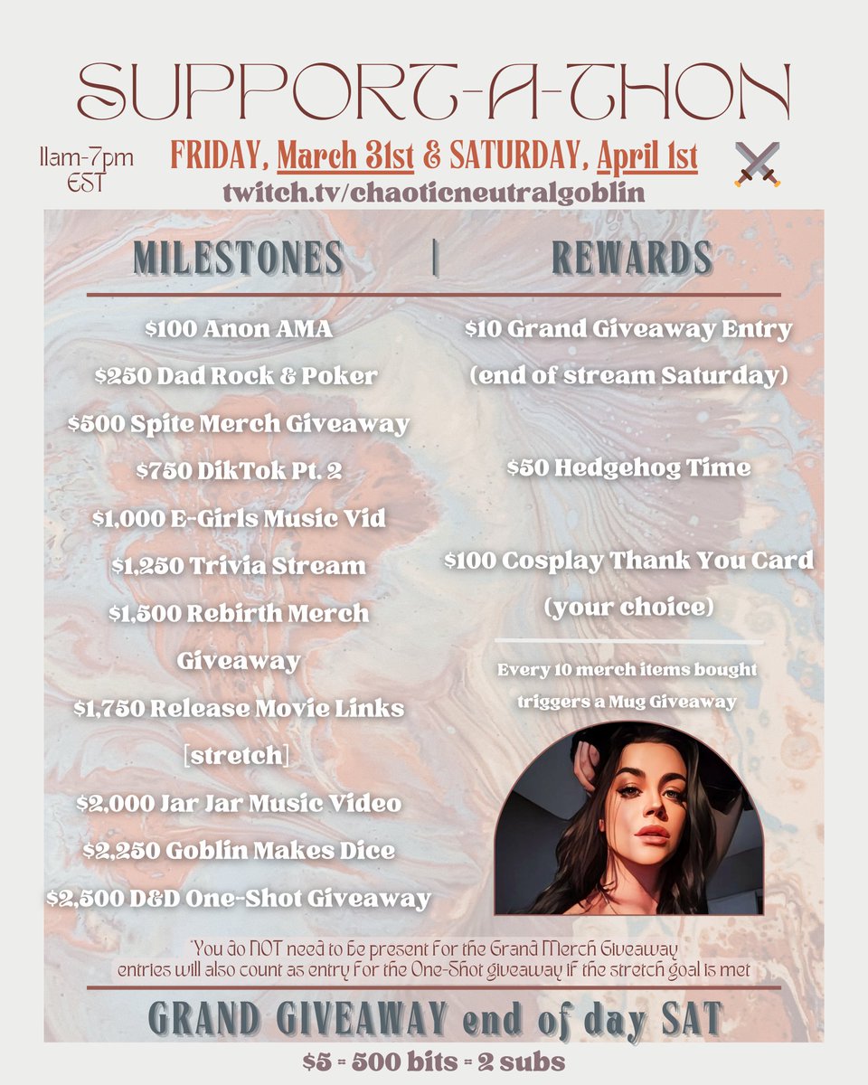 ChaoticNeutralJ's tweet photo. THIS WEEKEND! Lots of milestones, individual rewards, & GIVEAWAYS!
Friday and Saturday | 11am-7pm EST | two part Support-a-thon
See you there โ๏ธ
#twitch #supportathon #giveaways https://t.co/I812hHWP0T