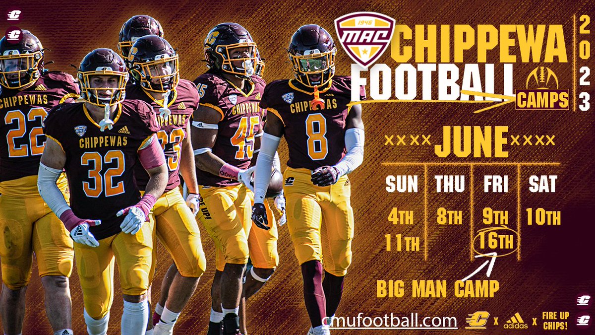 🏈 Summer @cmu_football camps‼️ For more information or to sign up: 🔗 cmufootballcamps.totalcamps.com/shop/EVENT #FireUpChips🔥🆙🏈