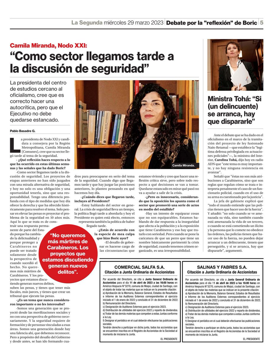 CamilaMirandaMe's tweet photo. En entrevista con @La_Segunda conversamos sobre las diferencias que tenemos entre sectores en materia de seguridad. Solo pensar en elevar penas es proyectar el problema de seguridad en 10 años más.
Lee la entrevista completa aquí 👇

https://t.co/FI9fY6Yg5L https://t.co/wYQAUzmjA8