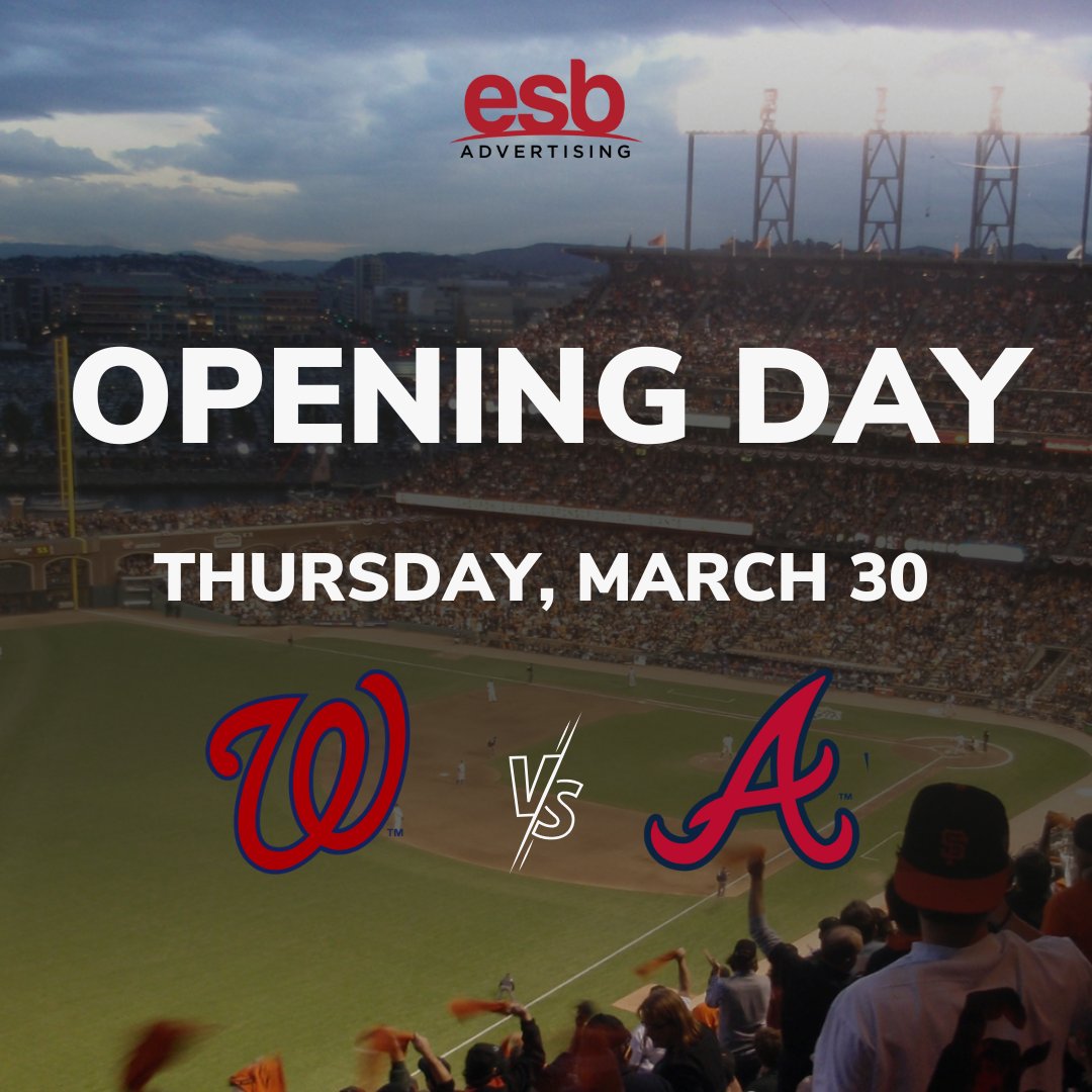 esbadvertising's tweet photo. Tomorrow is opening day for the Washington Nationals @Natsbaseballmlb who will take on the Atlanta @Braves Grab your tickets before they're gone, and join us in cheering on the Nats!

#WashingtonNationals #OpeningDay2023  #AdvertisingAgency #MarketingAgency https://t.co/waKuq75tHR