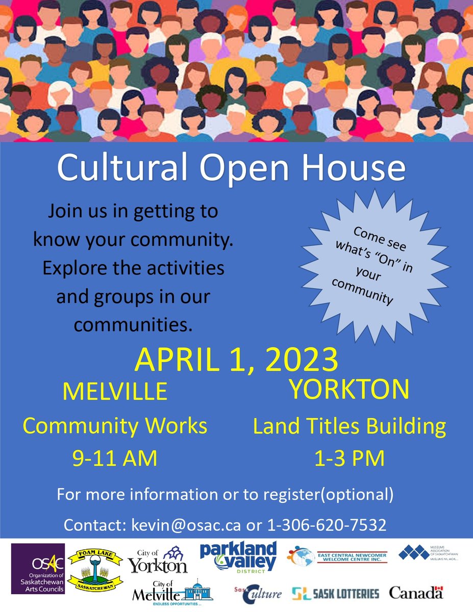 🗓️ Mark your calendar! 

The Cultural Open House takes place THIS SATURDAY in both Melville and Yorkton! 

Come and see what's "ON" in your community! 

FREE TO ATTEND!