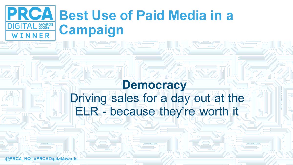 The winners of tonight’s Best Use of Paid Media in a Campaign Award goes to <a href="/democracyagency/">Democracy</a>! Congratulations! #PRCADigitalAwards 🏆