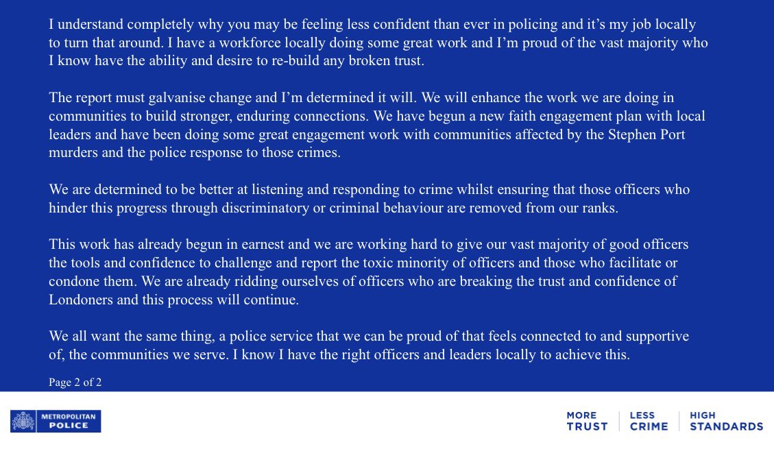 Please see an update from our East Area Commander following the release of the Baroness Casey report into culture and standards within the @metpoliceuk @LBofHavering @HaveringDaily @LocalCrimeBeats @RomfordRecorder @Time1075_fm