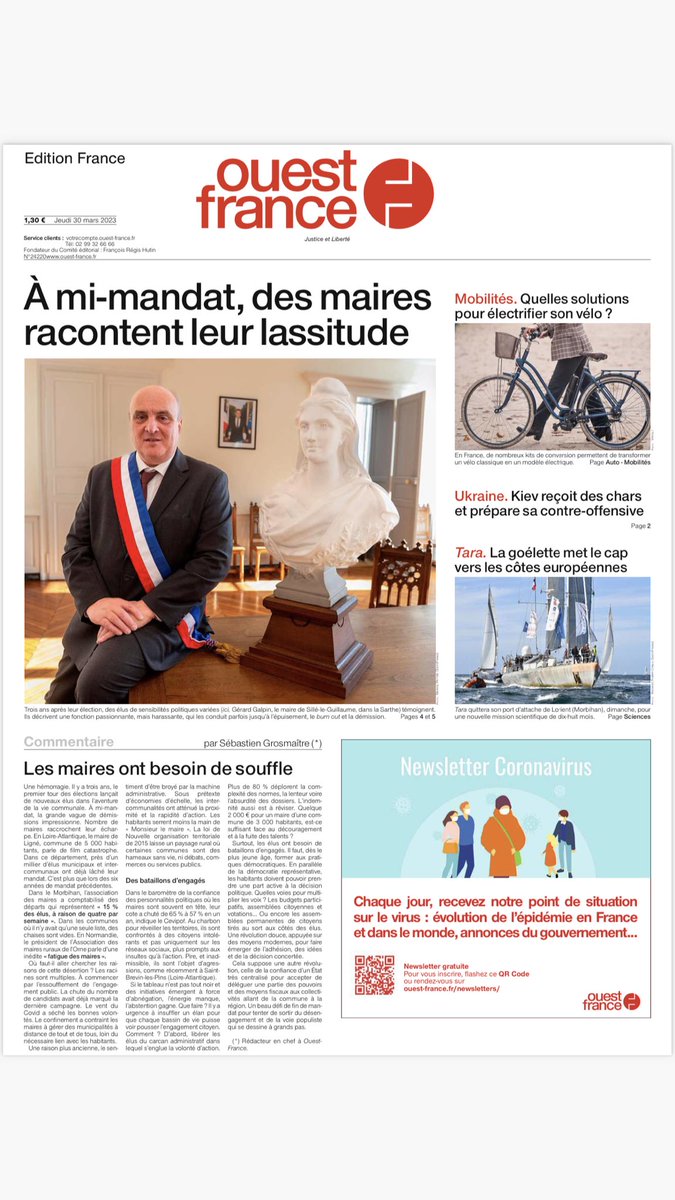 SebastienOF's tweet photo. A la #Une de ⁦@OuestFrance⁩ demain, un effort spécial sur l'engagement et lassitude des maires, à mi-mandat. Avec des coups de projecteurs dans tous les départements de l'Ouest. #presse #medias #democratie #mairie #élus #République #bretagne #paysdelaloire #Normandie https://t.co/zeX9toHvs3