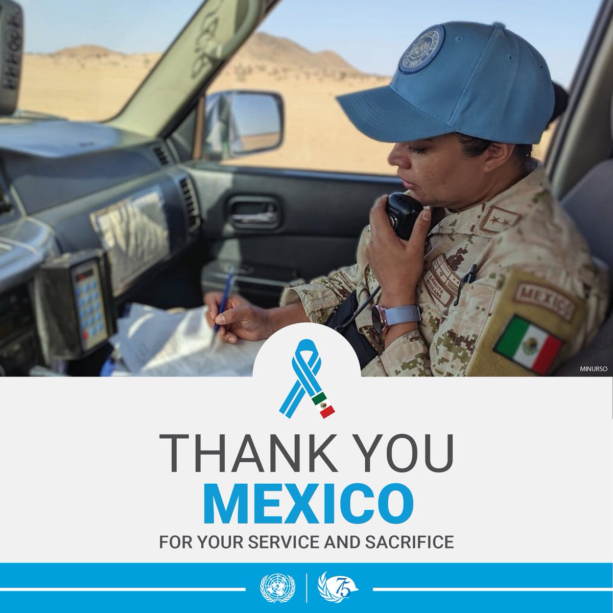 UN's tweet photo. UN peacekeepers from Mexico are #ServingForPeace with @UNPeacekeeping at great personal risk &amp; in harsh conditions to help others.

We thank them for their service &amp; sacrifice. https://t.co/lZYeCpafQ7 https://t.co/8uUXe5pKnl