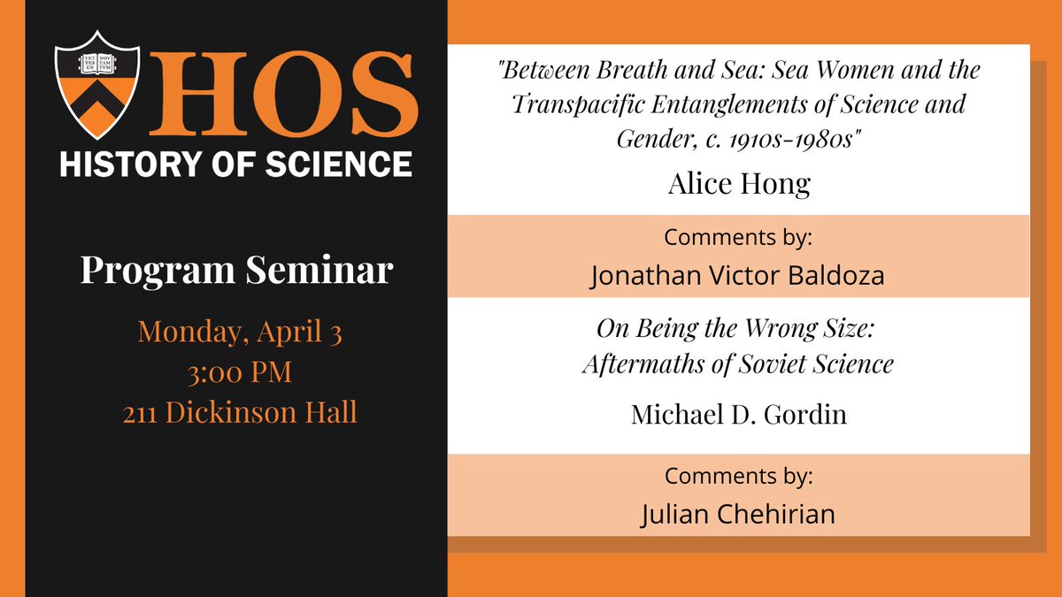 April 3, 3:00pm

Prospectus by Alice Hong; comments Jonathan Victor Baldoza

Book Proposal by Michael D. Gordin; comments Julian Chehirian

ow.ly/tu2950Nvjwt