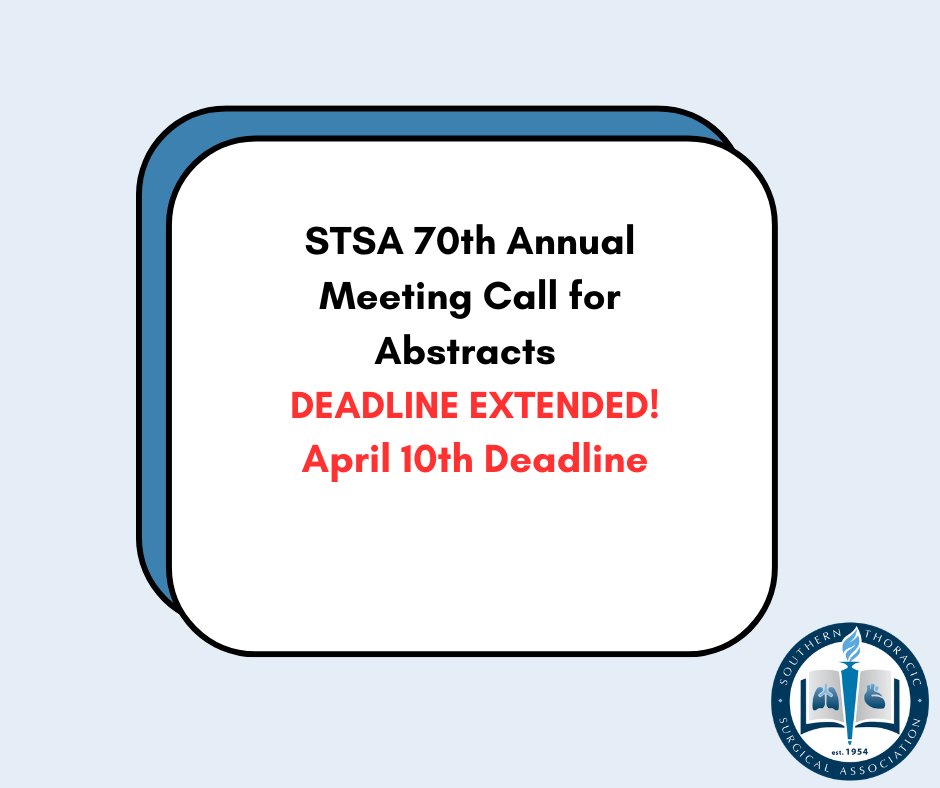 The STSA abstract submission deadline has been extended by 1 week to Monday, April 10, 2023 at 11:59 p.m. ET.  The STSA 70th Annual Meeting will be held November 2-5, 2023, in Orlando, Florida. Visit bit.ly/3HEu3YV to submit your abstract.