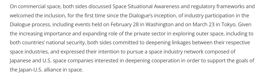 Interesting paragraph from the State Dept's summary of the just-concluded 8th U.S.-Japan Comprehensive Dialogue on Space.  Here's the full document: state.gov/joint-statemen…