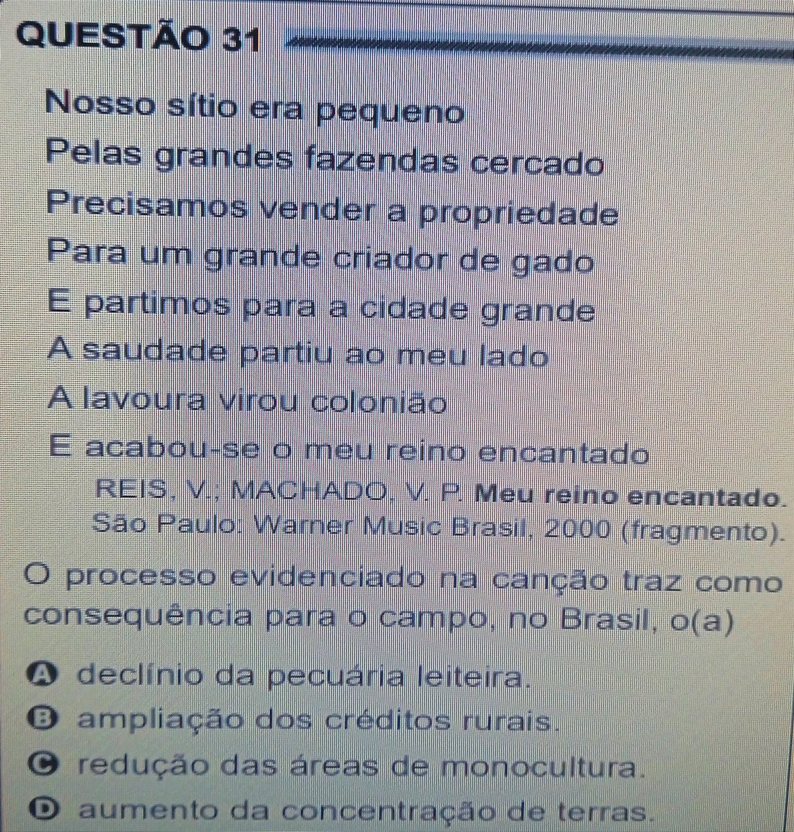 ViniciusHDTV's tweet photo. Achei muito bacana essa questão do ENCEJA de uns anos atrás. Com a música Meu Reino Encantado do Daniel. @cantordaniel #ENCEJA https://t.co/1Ll0v3ujlL