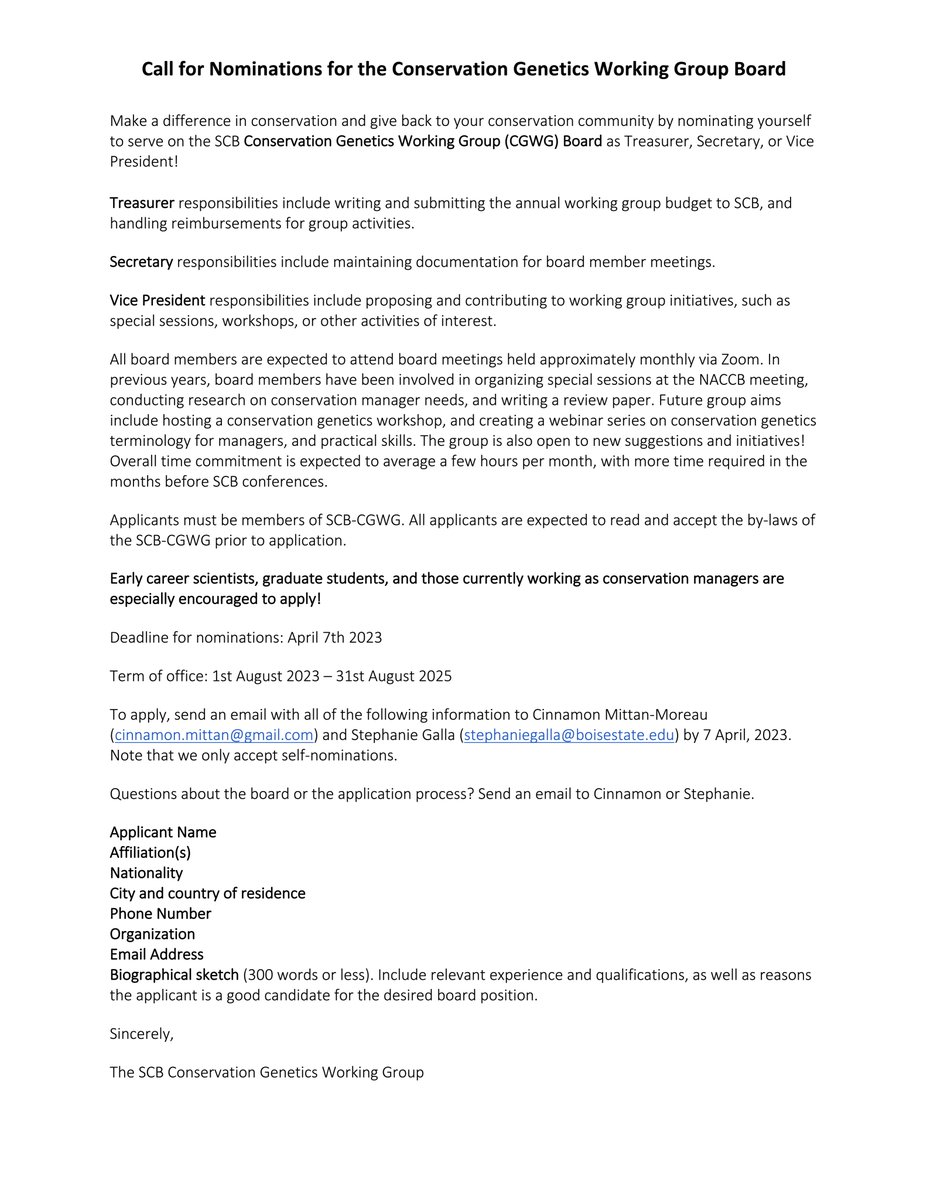 Want to be more involved with the CGWG? Nominate yourself for an open board position: VP, Treasurer, or Secretary. Early career researchers, postdocs, grads &amp; practitioners especially encouraged to apply!