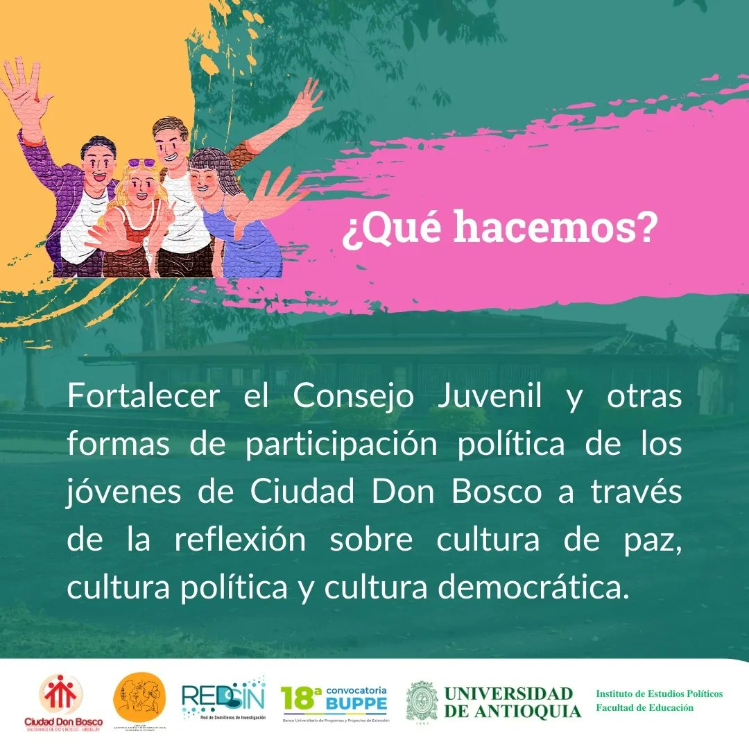 IepUdea's tweet photo. ¡iniciamos un nuevo proyecto!
El Banco Universitario de Programas y Proyectos de Extensión BUPPE, le aprobó al Semillero “Juventudes, Política y Transformación Social” el proyecto
“Fortalecimiento del Consejo Juvenil y otras formas de participación política en Ciudad Don Bosco” https://t.co/9GAKMTRWEY