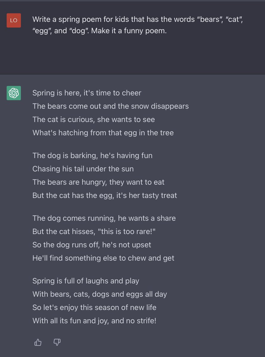mrstepien's tweet photo. We love new tech!  Today, we  brainstormed which words we wanted in our next “poem of the week”.  We then asked ChatGPT to write one for us, which we then edited to shorten it up a bit. Very cool collaboration with our A.I. partner! @PlowmansPS2016 #grade1 #PeelEML @PeelSchools https://t.co/LcRsLv3GKz
