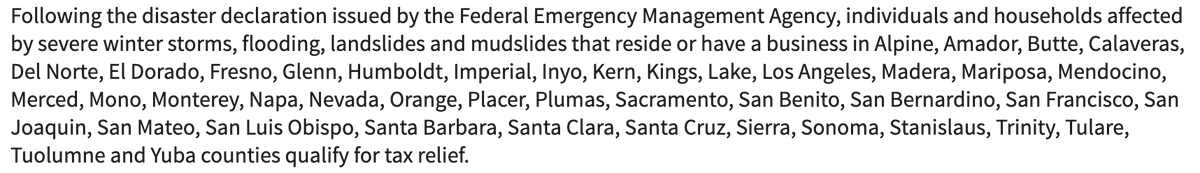 CryptoTaxGirl's tweet photo. If you live in any of the following counties in California, your federal and state taxes are automatically extended until October 16 due to "severe winter storms" and you will not be subject to late-payment penalties if you pay your taxes after April 18.

https://t.co/L1N8NysZNA. https://t.co/QdhnaXJsuS