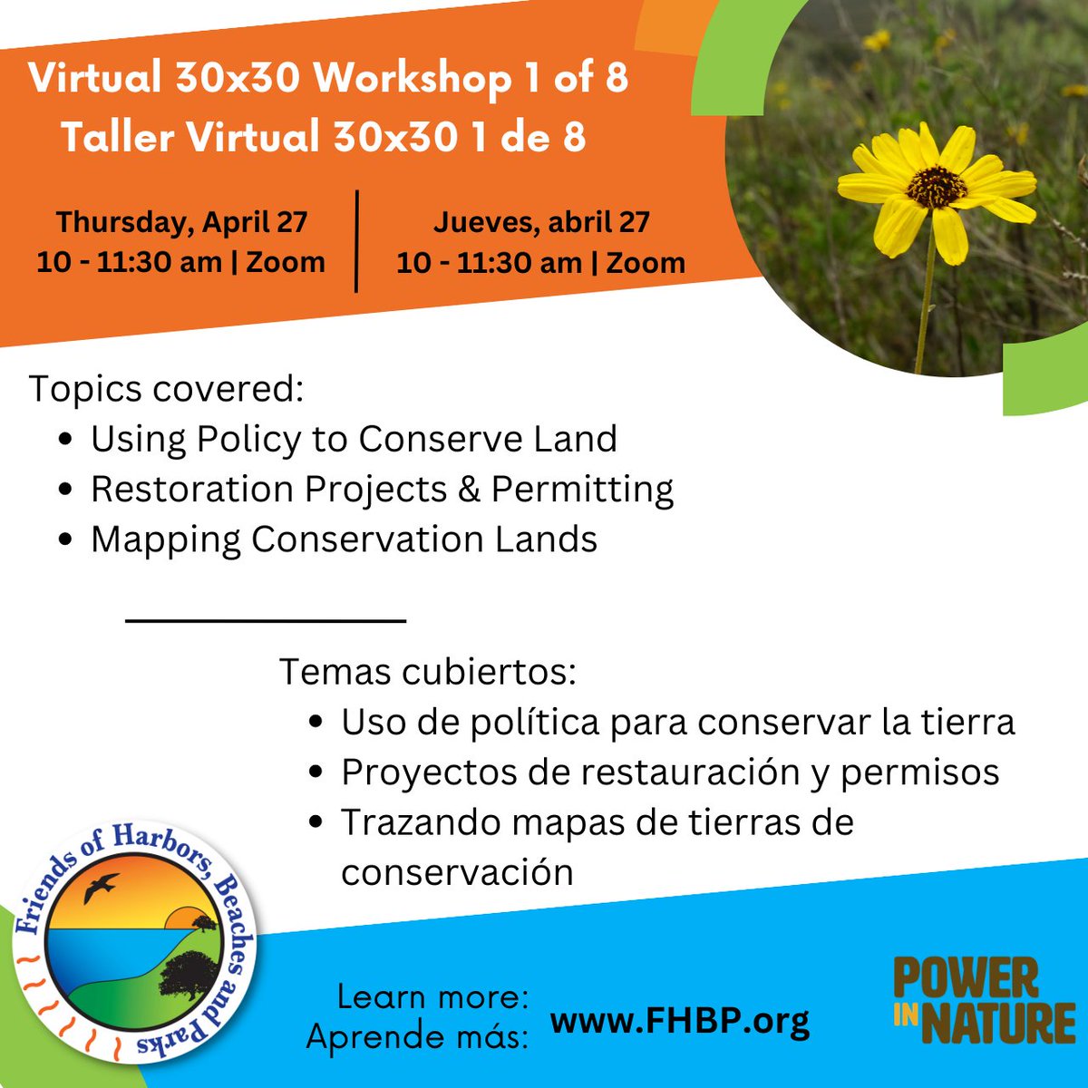 Workshop #1 – Less than 30 Days Away! | Taller #1 – ¡Empieza en menos de 30 días! - mailchi.mp/ab73cd12a495/w…

3 Conservation Pathways Featured in the April Workshop! 
¡3 vías de conservación presentadas en el taller de abril! 

bit.ly/40gPS8r

@PowerInNatureCA