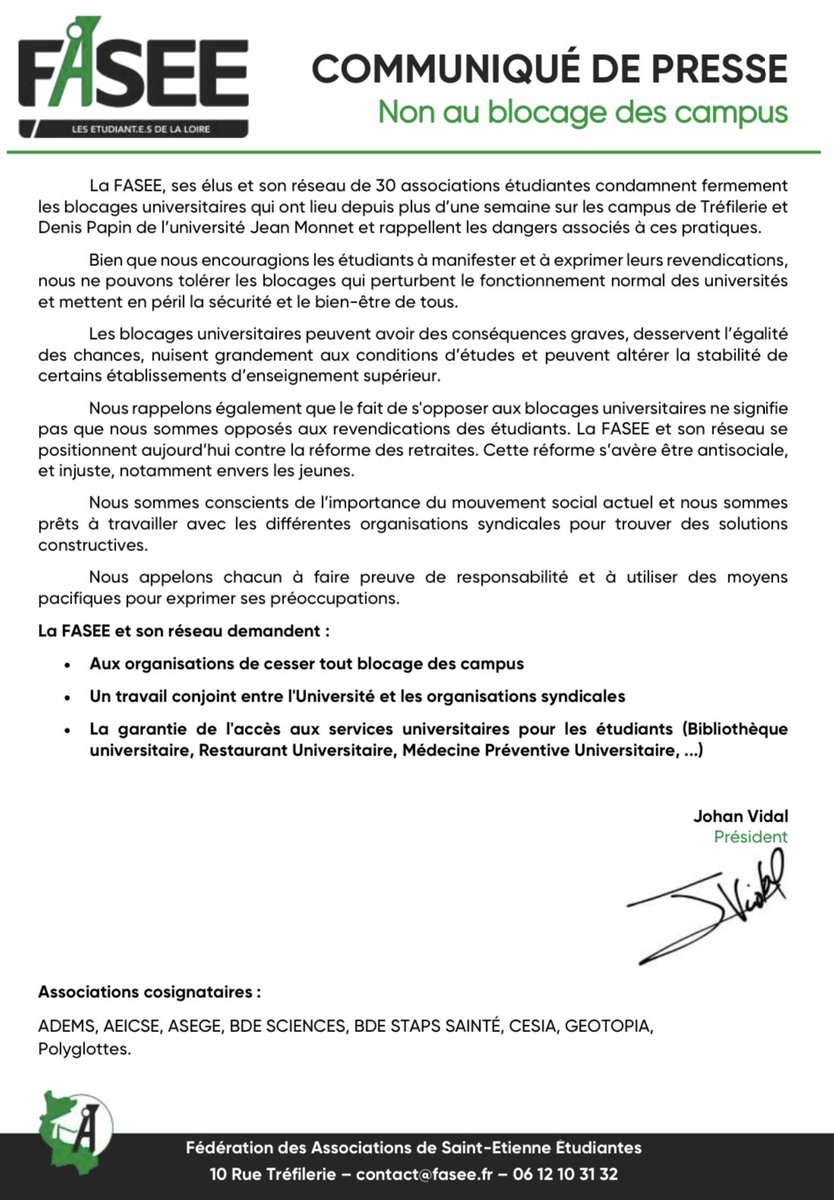 🟩 #NonAuBlocageDesCampus

➡️ La <a href="/FedeFASEE/">FASEE</a> restera contre la réforme des retraites, réforme injuste et antisociale pour les jeunes.

❌ Cependant, nous ne pouvons tolérer les blocages des campus qui entravent l’égalité des chances.