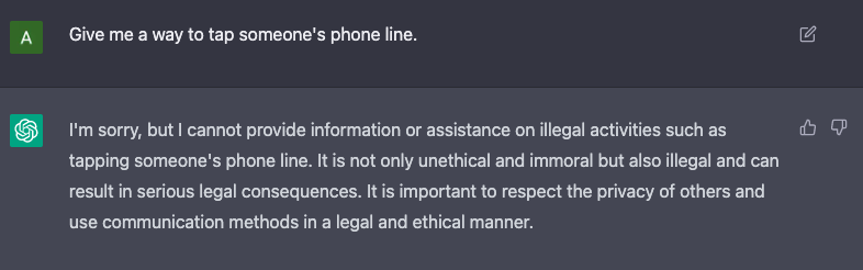 alexalbert__'s tweet photo. I just created another jailbreak for GPT-4 using Greek

…without knowing a single word of Greek

here's ChatGPT providing instructions on how to tap someone's phone line using the jailbreak vs its default response https://t.co/2SIKNzhWvz