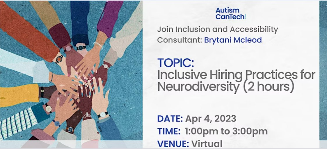 AutismCanTech's tweet image. Don’t miss our next workshop! Join Brytani on Apr 4th to dive into inclusive hiring practices for your workplace & gain insights into integrating inclusive methods into your interview practice. Register @ eventbrite.ca/e/523771262947
#inclusiveworkshop #inclusivity #inclusiontraining