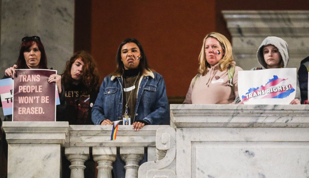 Opponents of anti-trans bill SB150 react as Kentucky senate, house override Governor’s veto. Several people were removed from house gallery, several arrested. More: courier-journal.com/picture-galler…
