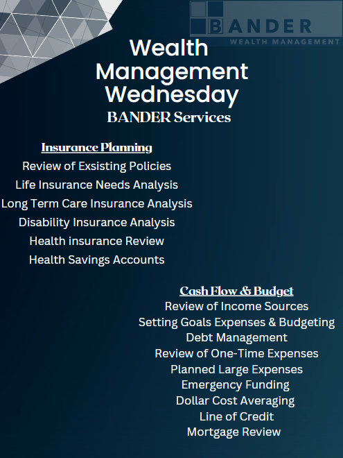 Please check out our services and see how WE can help YOU! #BANDER #wealthmanagement #letsinvest #OurServices #LetsGrowTogether #moneymanagement #investmentplanning #EstatePlanning #retirementplanning #insuranceplanning #cashandflowbudget #assistancetolovedones #taxplanning